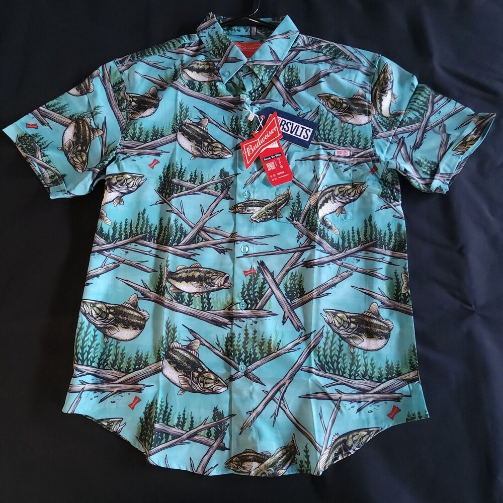 RSVLTS Budweiser Shirt Mens Size Medium M Fishing Bass All Over Kunuflex NWT